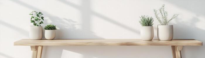 This setup features a reclaimed wooden table styled minimally with small potted plants in ceramic pots. It enhances the serene ambiance against a clean white backdrop, ideal for text overlay photo
