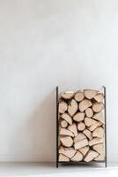 A stack of firewood is neatly organized within a black metal holder, positioned beside a white wall. The setting combines rustic warmth with a modern aesthetic, offering ample space for text photo