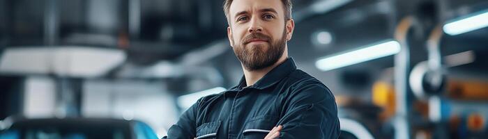 Friendly car mechanic in a clean uniform stands confidently with arms crossed in a well-lit, modern garage. The space is organized and inviting, showcasing tools and vehicles photo