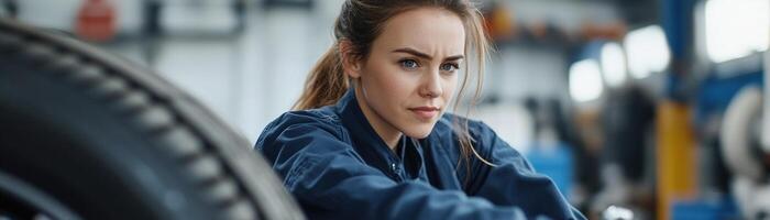 A skilled female mechanic in a navy-blue jumpsuit focuses intently while working on a car tire in a vibrant garage setting. Tools are strategically placed around her photo