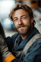 A mechanic stands casually against a vehicle, wearing a uniform and gloves, smiling subtly in a bright workshop. The background is softly blurred, creating a modern, relatable atmosphere photo