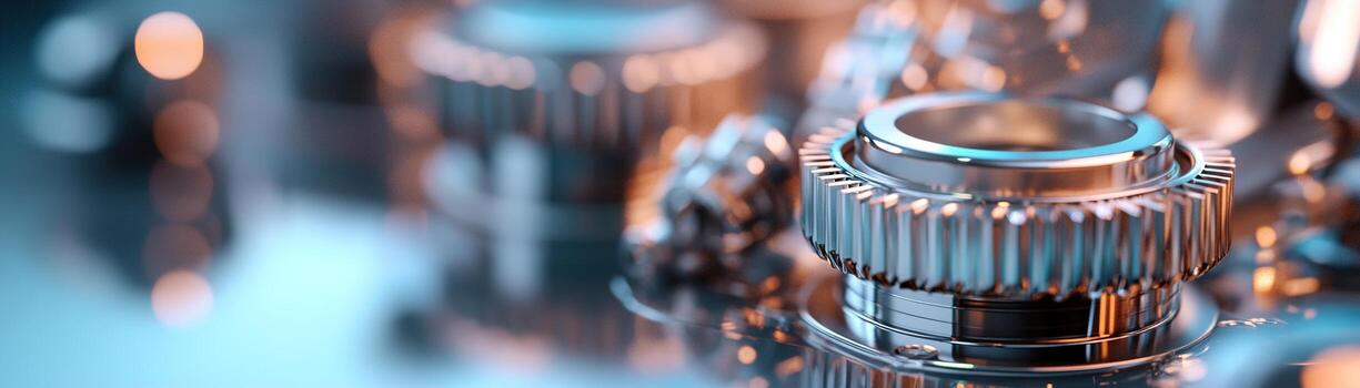 Shiny engine parts and gears are neatly displayed on a reflective surface, showcasing their intricate designs against a soft gradient background that highlights mechanical details photo