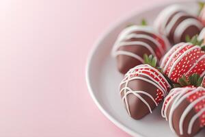 Close-up view of chocolate-dipped strawberries decorated with red and white drizzle. These treats are presented on a clean white plate against a soft pink background, perfect for any occasion photo