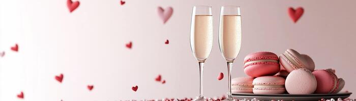 Two elegant flutes of champagne sit beside a colorful platter of macarons in pink, red, and white, scattered with heart confetti against a soft gradient background photo