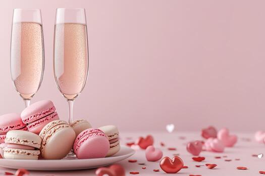 Sophisticated table setup features two flutes of champagne accompanied by a platter of heart-themed macarons in valentine colors, set against a soft gradient background photo