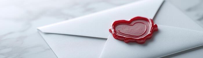 Sealed with a charming heart-shaped red wax stamp, this elegant envelope rests on a clean white background, perfect for sending romantic messages or special invitations photo