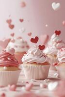 A charming arrangement of cupcakes features swirling pink, red, and white frosting. Each treat is adorned with heart-shaped decorations, set against a soft pastel gradient backdrop photo