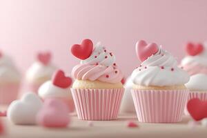 Cupcakes with swirls of pink, red, and white frosting sit on a wooden table. Edible heart-shaped decorations create a playful atmosphere against a soft pastel gradient background photo
