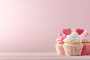 Colorful cupcakes with swirls of pink, red, and white frosting are arranged on a wooden table. They feature heart-shaped decorations and are set against a soft pastel gradient background photo
