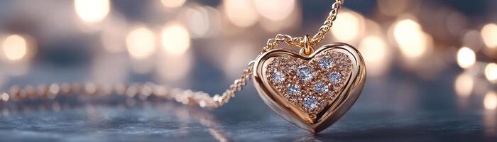 A gold heart-shaped locket with fine details sits elegantly on a reflective surface. Surrounding it is a soft glow, creating a luxurious and sentimental ambiance perfect for showcasing love photo