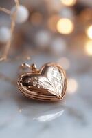 A beautifully crafted gold heart-shaped locket displays intricate details, resting on a smooth reflective surface. Soft glowing lights create a warm ambiance, enhancing its luxurious charm photo