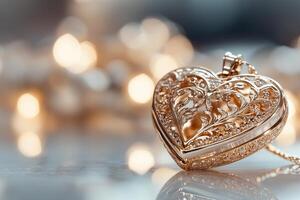 This gold heart-shaped locket features exquisite craftsmanship with intricate details, resting on a polished surface. A soft, glowing background creates a romantic and sentimental atmosphere photo