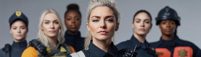 A group of diverse women in various uniforms stands together with confidence, showcasing their roles in military, police, firefighting, and emergency response against a clean backdrop photo