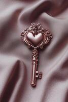 A beautifully crafted key featuring a heart-shaped head lies gracefully on a luxurious velvet surface, complemented by subtle glowing accents and ample space for text placement photo