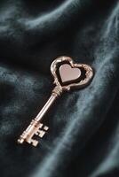 A finely detailed key with a heart-shaped head rests on a soft velvet-textured background. Its glowing accents enhance the elegant appearance while leaving ample space for text overlay photo