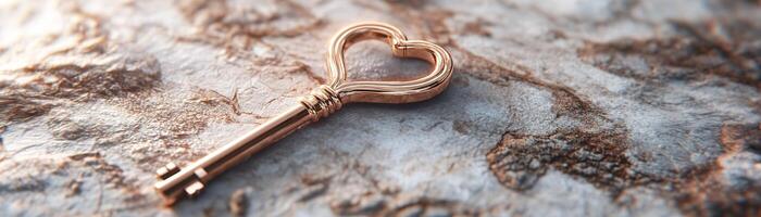 A finely detailed key featuring a heart-shaped head is positioned on a soft velvet background. The glowing accents enhance its elegance, making it perfect for symbols of love and belonging photo