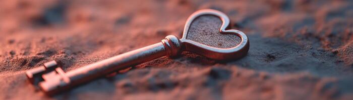 A finely detailed key with a heart-shaped head rests on a smooth velvet-textured background. The glowing accents enhance the elegant atmosphere and create a sense of romance photo