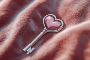A finely detailed key with a heart-shaped head lies on a luxurious velvet-textured surface, enhanced by glowing accents. This elegant design captures romantic symbolism and stylish charm photo