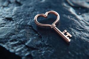 A finely detailed heart-shaped key is elegantly placed on a smooth velvet-textured surface featuring glowing accents. The clean space surrounding the key invites creative text overlays photo
