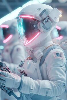 Women in lab coats and astronaut suits hold scientific instruments in a high-tech laboratory setting. The space is filled with glowing accents, creating a modern and aspirational atmosphere photo