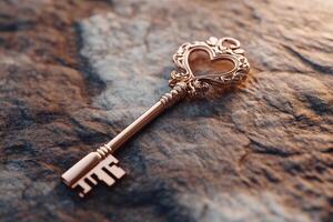 A finely detailed key featuring a heart-shaped head is placed on a smooth velvet-textured background. The glowing accents enhance its symbolic elegance, offering ample clean space for text overlay photo