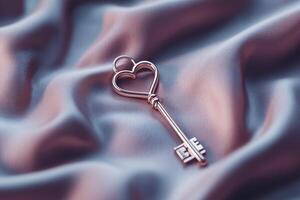 A beautifully crafted 3D key features a heart-shaped head, resting on a soft velvet surface. The glowing accents enhance its elegance, making it a perfect symbol for love and opportunities photo