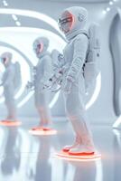 Women dressed in lab coats and astronaut suits are gathered in a modern laboratory, equipped with scientific instruments. The futuristic design emphasizes innovation and ambition in science photo