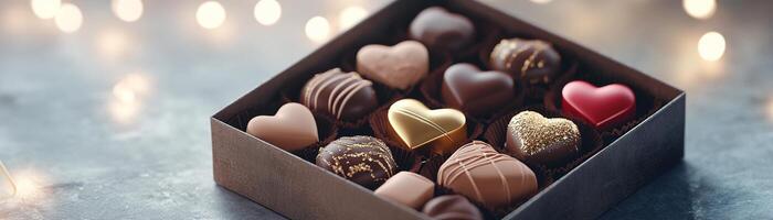 An inviting box filled with assorted heart-shaped chocolates showcases rich colors and textures, perfectly placed on a velvet background, illuminated by soft, warm light photo