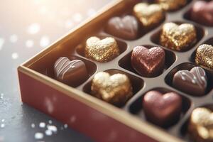 A stunning box of assorted heart-shaped chocolates in rich gold and red wrappers rests on a velvet-textured surface, illuminated by soft glowing light, inviting indulgence and elegance photo