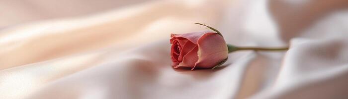A vibrant red rose rests delicately on smooth satin fabric, illuminated by soft lighting that creates gentle highlights and ample space for text overlay, evoking romance and elegance photo