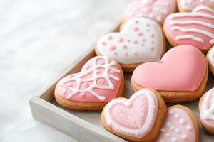 Delight in a collection of heart-shaped cookies adorned with vibrant pink, white, and red icing patterns on a rustic wooden tray, set against a soft pastel backdrop perfect for sharing photo