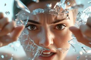 A woman fiercely breaks through a glass ceiling, with shards flying outward. Her expression signifies strength and determination against a vibrant gradient backdrop, perfect for inspiring messages photo