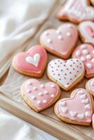 A delightful assortment of heart-shaped cookies adorned with pink, white, and red icing patterns lays on a wooden tray. This inviting display suits any cheerful occasion photo