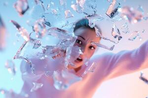 A powerful representation of a woman shattering barriers, with glass shards flying outward. The dramatic scene is set against a vibrant gradient backdrop, creating a striking visual impact photo