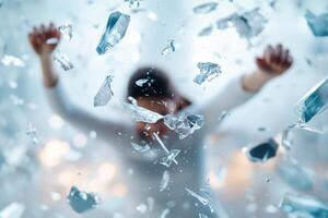 A powerful portrayal of a woman shattering a glass ceiling, with sharp shards flying outward. The glowing gradient background enhances the sense of triumph and dynamism photo