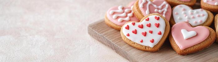 Heart-shaped cookies adorned with vibrant pink, white, and red icing patterns are artistically arranged on a wooden tray, set against a light pastel background, inviting joy and sweetness photo