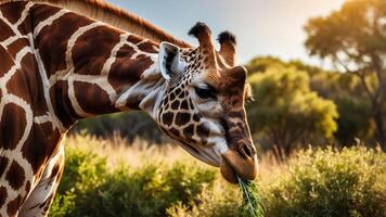 A close-up of a giraffe eating in a natural setting, showcasing its unique features. photo