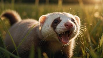A playful ferret with an open mouth in a grassy field during sunset. photo