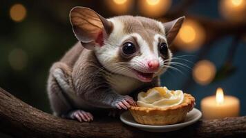 A cute sugar glider enjoys a mini pie, creating a whimsical and heartwarming scene. photo