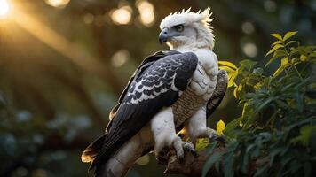 A majestic harpy eagle perched on a branch, illuminated by soft sunlight. photo