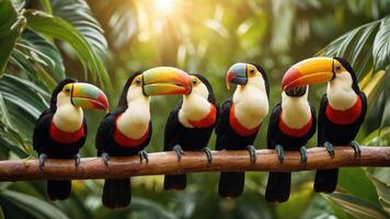A vibrant group of toucans perched on a branch in a lush, tropical setting. photo