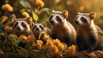 A group of four raccoons surrounded by vibrant flowers in a natural setting. photo