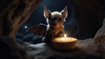 A cute bat with a candle on a pie in a cave setting. photo
