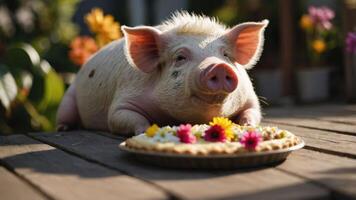 A cute pig resting beside a decorated pie on a wooden surface surrounded by flowers. photo