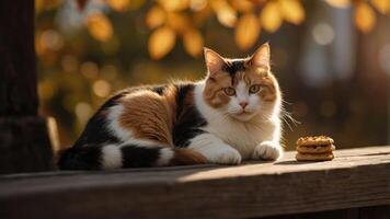 A calico cat lounging beside a stack of cookies in a warm, autumnal setting. photo