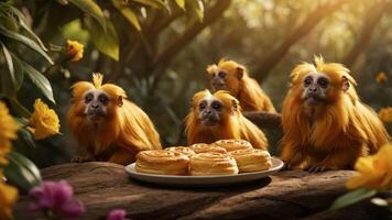 Four golden monkeys curiously observe a plate of pastries in a vibrant jungle setting. photo