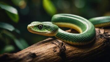 A close-up of a green snake resting on a branch in a lush environment. photo