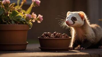 A ferret beside a bowl of nuts and a potted flower, enjoying a sunny outdoor setting. photo
