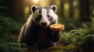 A badger holding a pie in a forest setting, illuminated by soft sunlight. photo