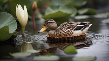 A duck floating on water among lily pads and flowers, creating a serene natural scene. photo